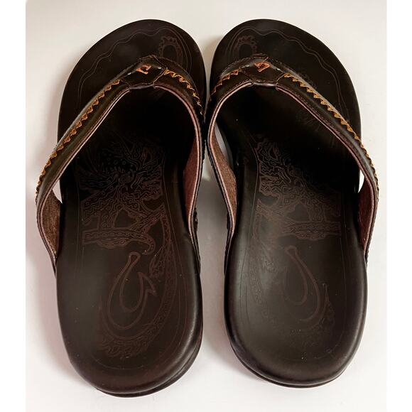 OluKai Mea Ola Men’s Leather Sandals Brown Thong Flip Flops Size 13 US 46 EU - Picture 2 of 8